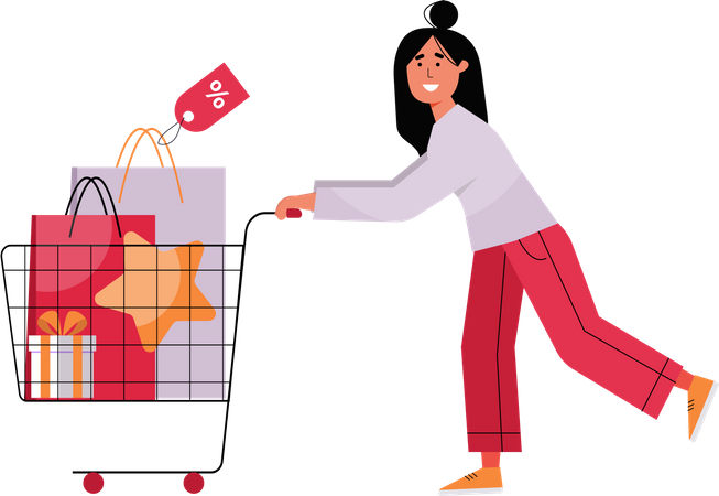 Woman with shopping cart  Illustration