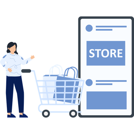 Woman with Shopping Cart Near Smartphone Displaying Store Interface  Illustration