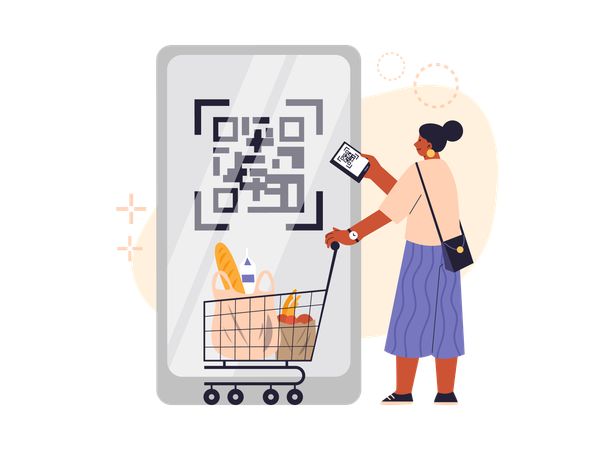 Woman with shopping cart scanning QR code for payment or information  Illustration