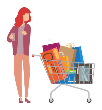 Cheerful Shopaholic Young Woman With Trolley Full Of Purchases And Gifts Happy Girl With Packages Buyer Has Fun Doing Shopping Seasonal Sale Consumer Standing With A Lot Of Shopping Bags Illustration