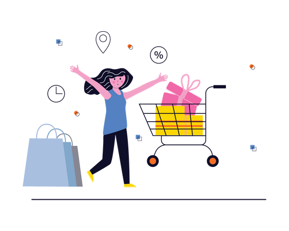 Woman with shopping trolley and bag  Illustration