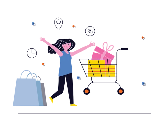 Woman with shopping trolley and bag  Illustration