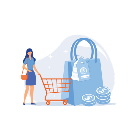 Woman with shopping trolley  Illustration