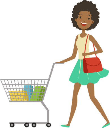 Woman with shopping trolley in market Illustration