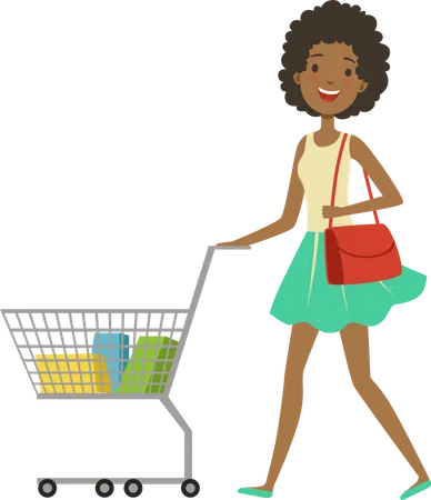 Woman with shopping trolley in market Illustration