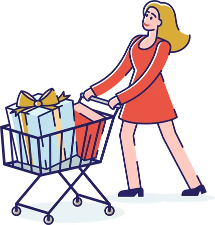 Woman with shopping trolley shopping on sale  Illustration