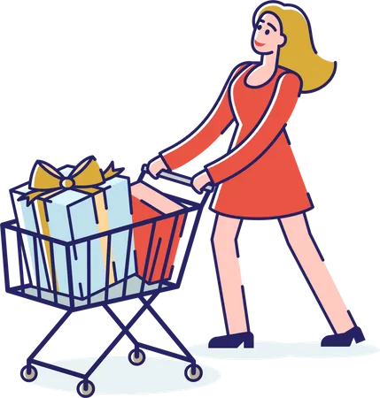 Woman with shopping trolley shopping on sale Illustration