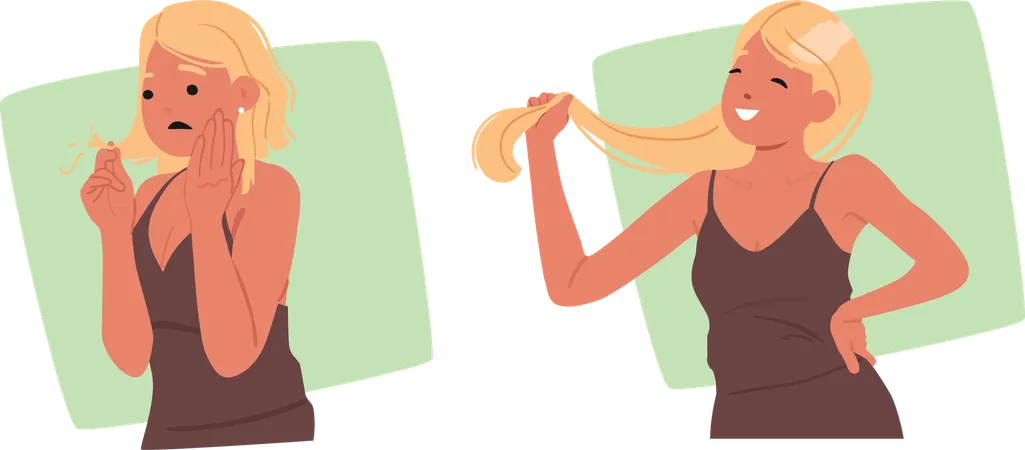 Woman with short hair split ends problem before and after renewing extensions procedure  Illustration