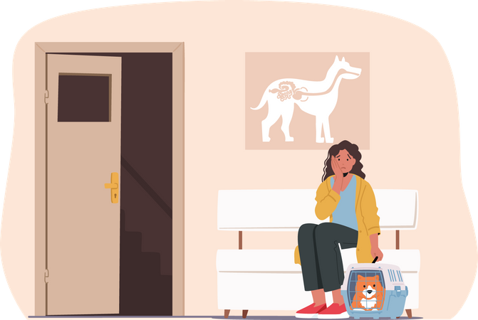 Woman with Sick Pet Came to Veterinary Clinic for Treatment Illustration