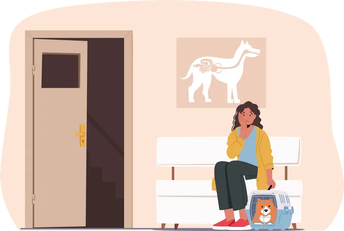 Woman with Sick Pet Came to Veterinary Clinic for Treatment Illustration