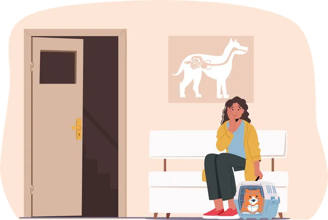 Woman with Sick Pet Came to Veterinary Clinic for Treatment  Illustration