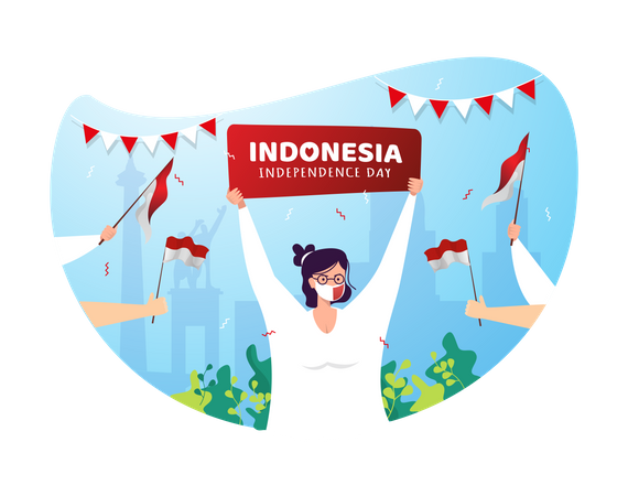 Woman with sign of Indonesia independence day Illustration