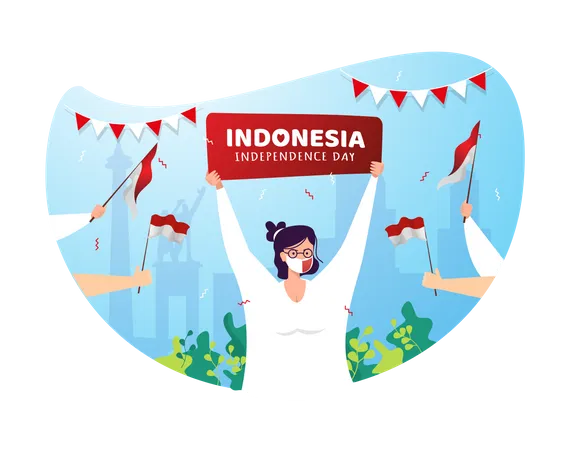 Woman with sign of Indonesia independence day Illustration