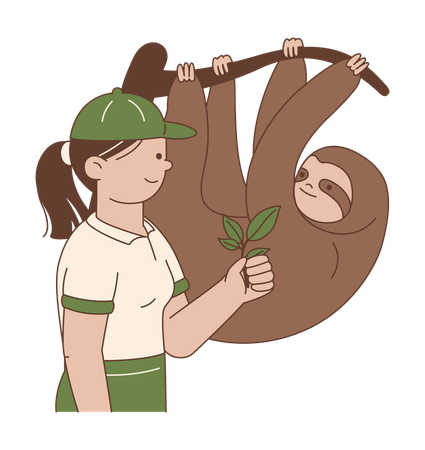 Woman with Sloth on Branch  Illustration