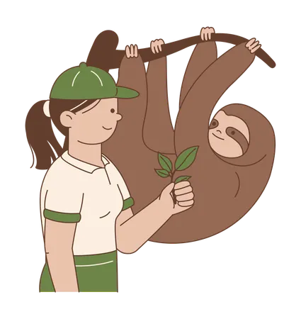 Woman with Sloth on Branch  Illustration