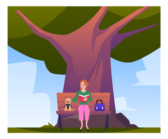 Woman with small bulldog reading book sitting on bench under big tree  Illustration