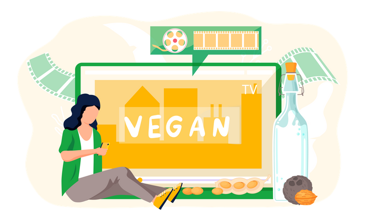 Woman with smartphone about Vegan milk Illustration