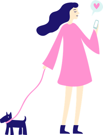 Woman with smartphone and dog  イラスト