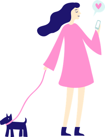 Woman with smartphone and dog  Illustration