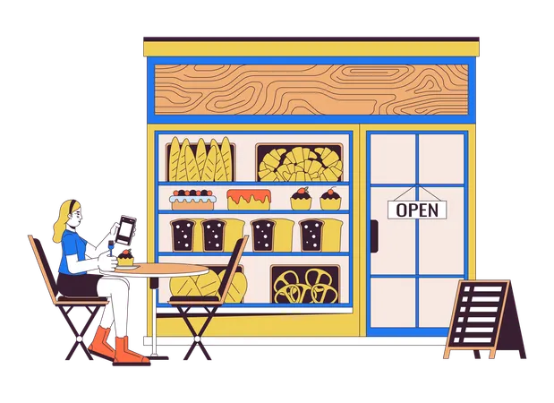Woman Visiting Bakery Shop 2 D Linear Cartoon Character Caucasian Female Guest Sitting At Cafe Table Isolated Line Vector Person White Background Pastry Small Business Color Flat Spot Illustration イラスト