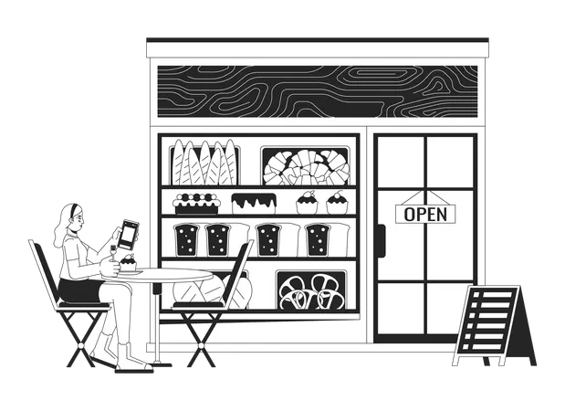 Woman Visiting Bakery Shop Black And White 2 D Line Cartoon Character Caucasian Female Guest Sitting At Cafe Table Isolated Vector Outline Person Small Business Monochromatic Flat Spot Illustration イラスト