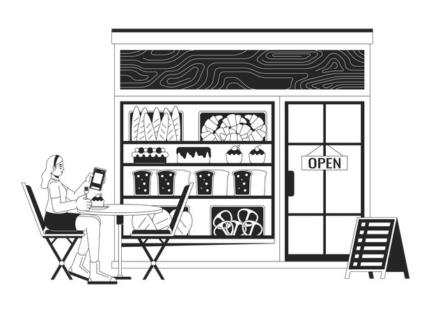 Woman with smartphone in cafe  Illustration