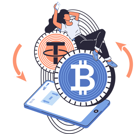 Woman with smartphone invests in digital currency  Illustration