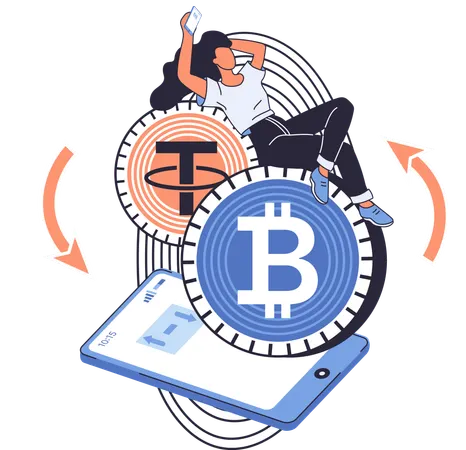Woman with smartphone invests in digital currency  Illustration