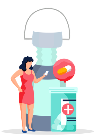 Woman with smartphone looking for suitable treatment  Illustration