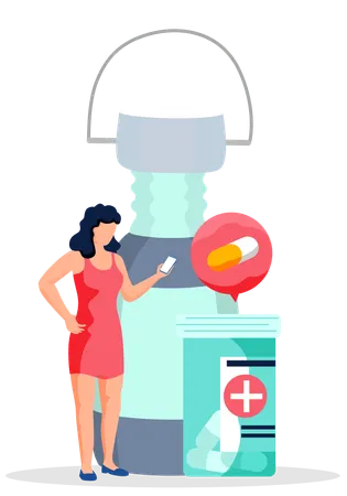 Woman with smartphone looking for suitable treatment  Illustration