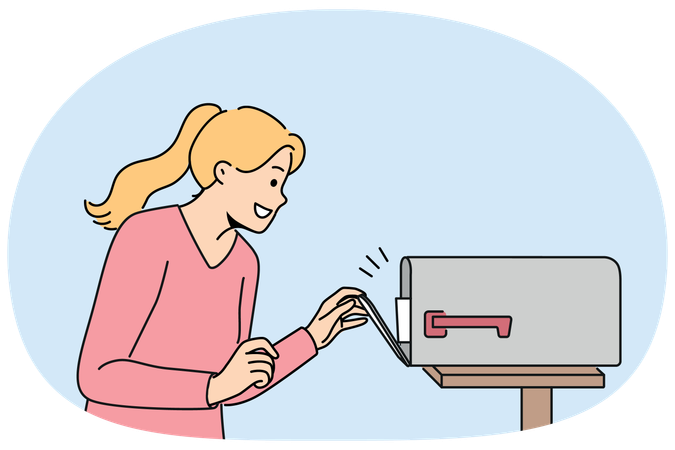 Woman with smile opens street mailbox with letters and rejoices in receiving correspondence  Illustration