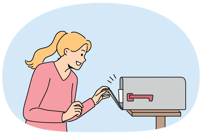 Woman with smile opens street mailbox with letters and rejoices in receiving correspondence  Illustration