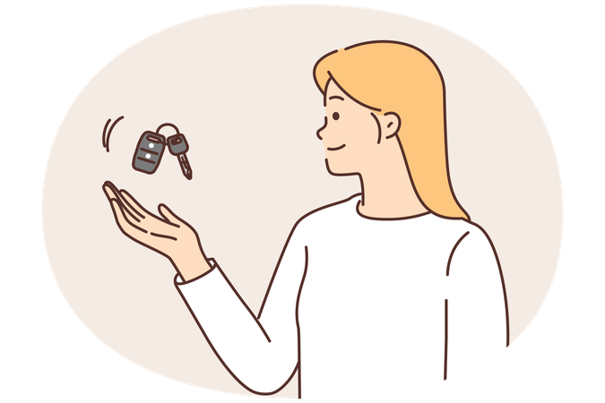 Woman with smile tosses keys to car proud of having premium vehicle or leasing car  Illustration