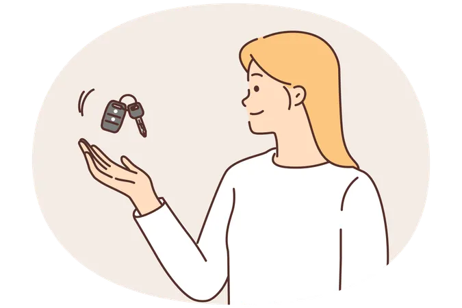 Woman with smile tosses keys to car proud of having premium vehicle or leasing car  Illustration