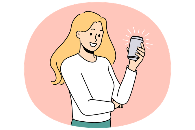 Woman with soda in aluminum can wants to get intimate with cold lemonade or beer drink  Illustration