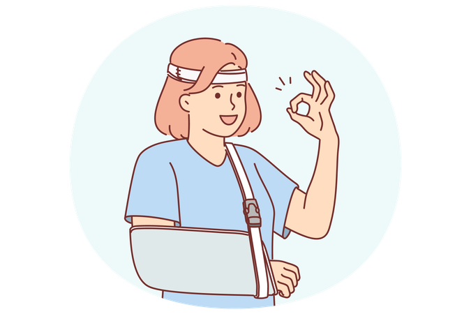 Woman with soft splint on injured arm shows OK gesture rejoices at availability of medical insurance  Illustration