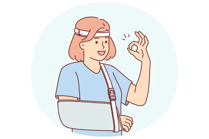 Woman with soft splint on injured arm shows OK gesture rejoices at availability of medical insurance  Illustration