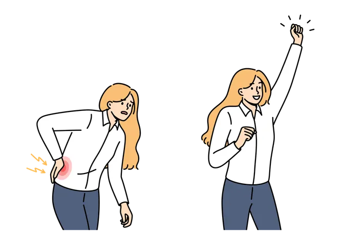 Woman With Sore Lower Back Bends Over In Pain Feeling Sciatica Begins To Rejoice After Healing Problem Of Sciatica Or Hernia Caused By Heavy Lifting In Young Girl In Business Clothes イラスト
