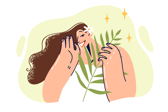 Woman with sprig of plant smiles calling for use of organic cosmetics based on natural herbs  イラスト