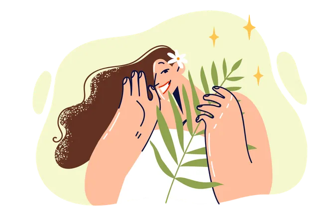 Woman with sprig of plant smiles calling for use of organic cosmetics based on natural herbs  イラスト