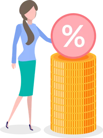 Woman with Stack of Gold and Percent Sign  Illustration