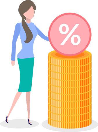 Woman with Stack of Gold and Percent Sign  Illustration