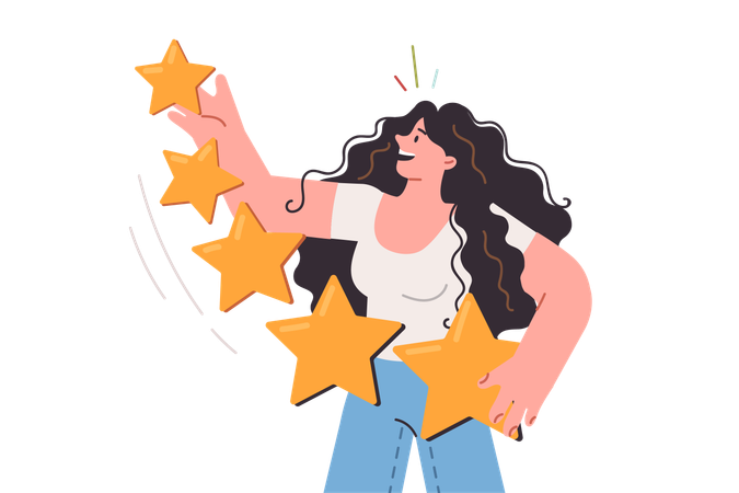 Woman with stars in hands evaluates services received  Illustration