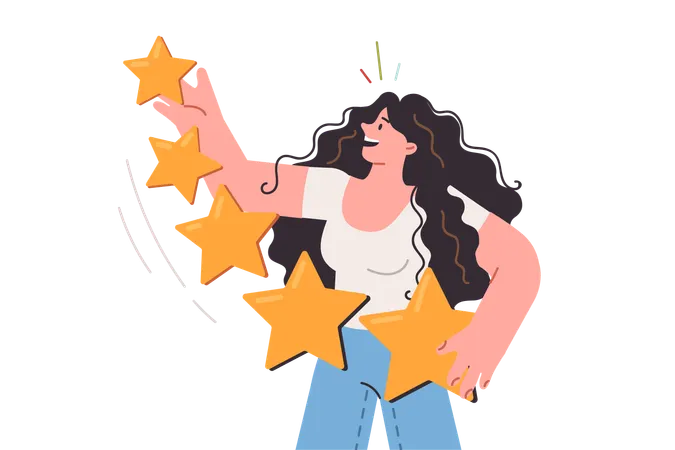 Woman with stars in hands evaluates services received  Illustration