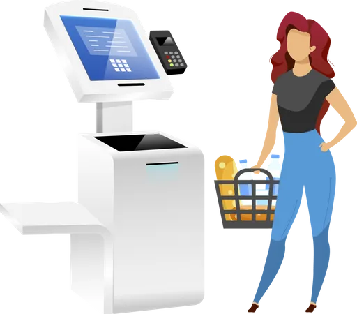 Woman With Store Terminal Flat Color Vector Faceless Character Supermarket Payment System Isolated Cartoon Illustration On White Background Self Service Technology Contactless Pay Technology Illustration