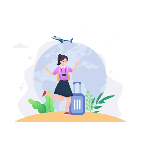 Planning Of Travel Woman With A Suitcase Goes To The Airport Vector Illustration Illustration