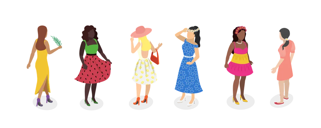 3 D Isometric Flat Vector Set Of Summertime Dresses Girls Outfits Illustration