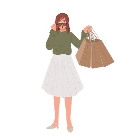 Woman with sunglasses shocked after from shopping price  Illustration