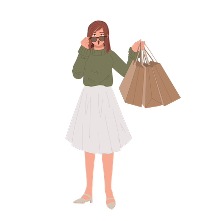 Woman with sunglasses shocked after from shopping price  Illustration