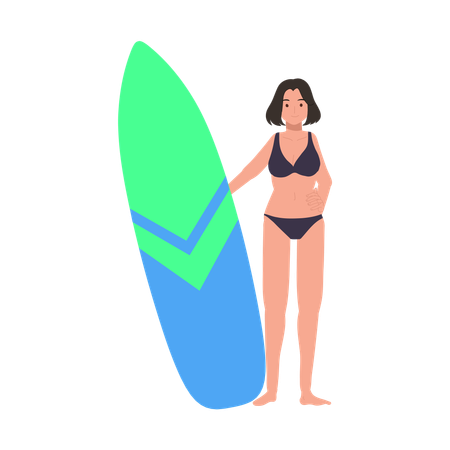 Woman with surfboard on the beach  Illustration